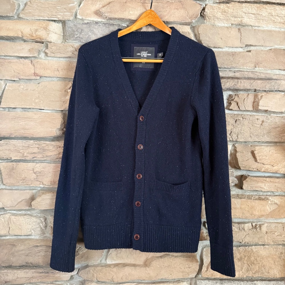 L.O.G.G. H&M Mens Navy Speckled Button Front Wool Blend Cardigan Sweater